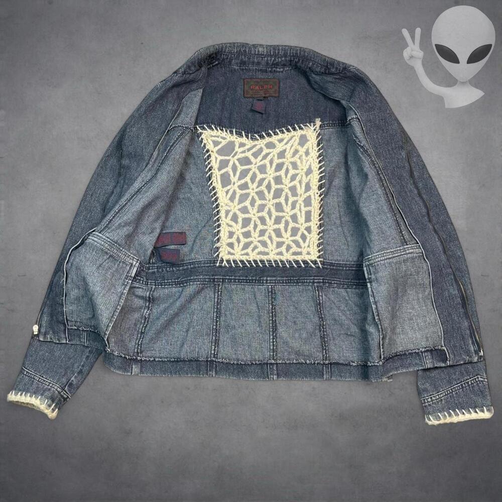 Vintage 1994 RALPH Ralph Lauren Womens Medium Zip Denim Jacket Crochet Trim - Picture 3 of 8